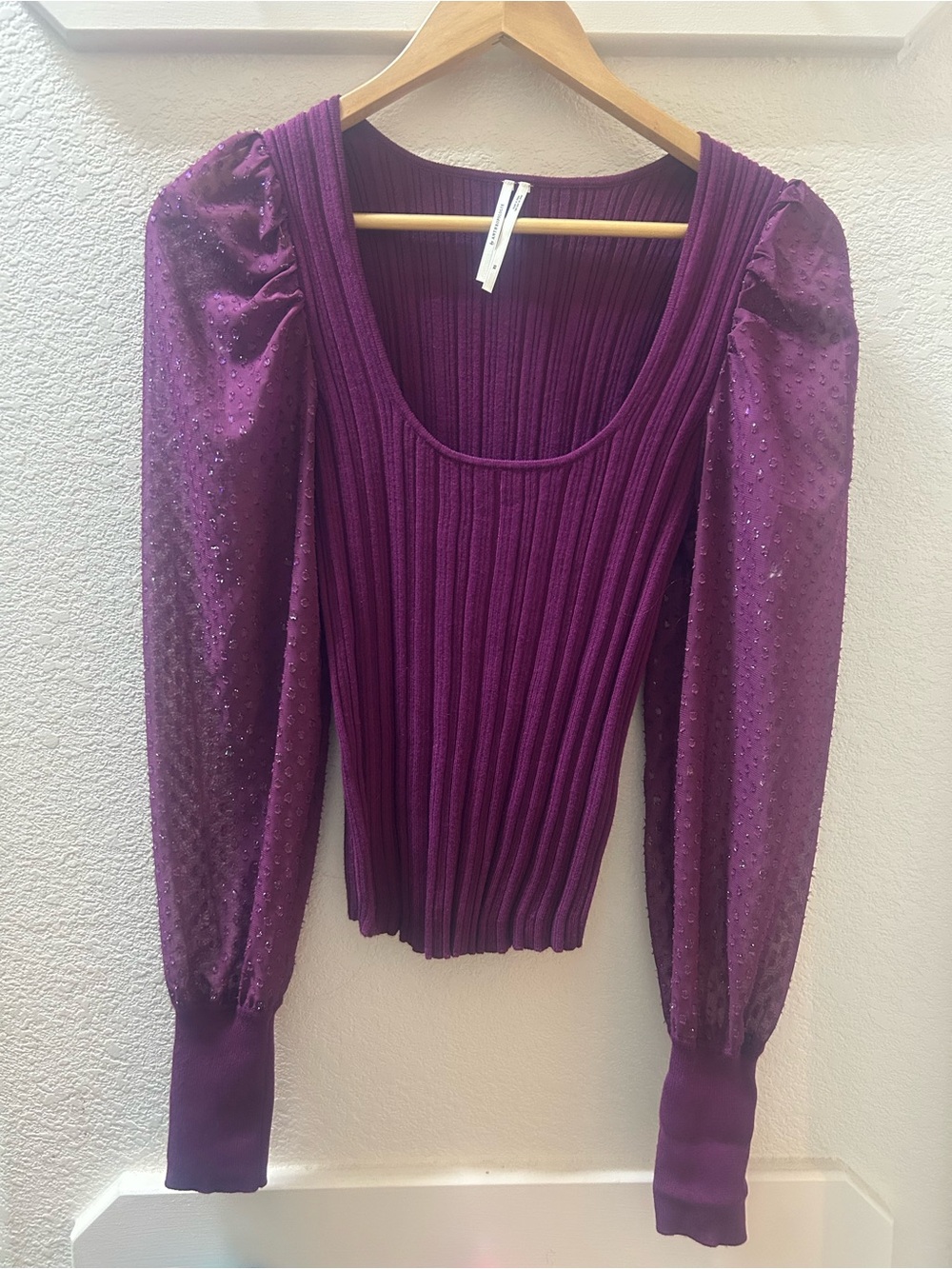 Anthro Purple Ribbed Scoop Neck Sweater Top with Sheer Puff Sleeves